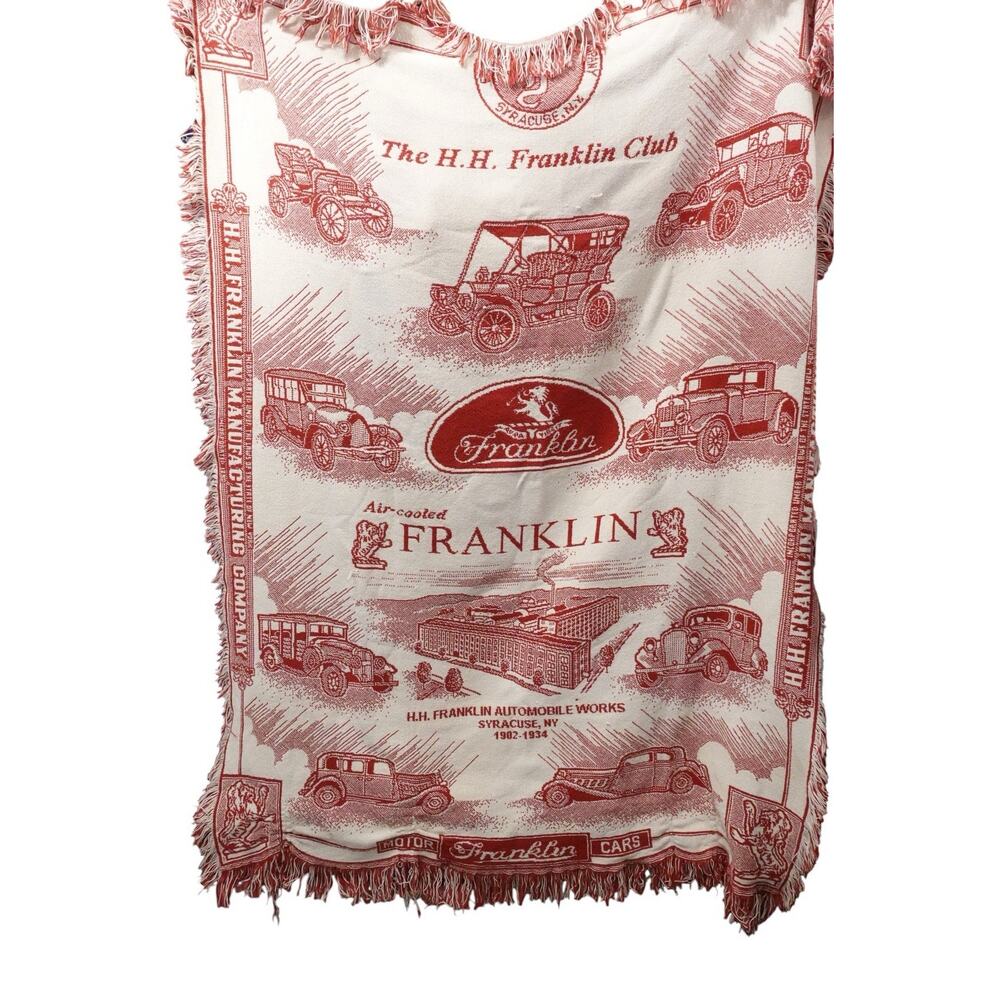 HH Franklin Club Vintage Woven Throw Blanket Antique Car Fringe 44 in x 58 in